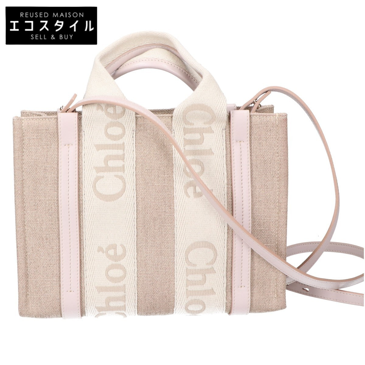 Chloe クロエ リネンキャンバスxカーフスキン WOODY ウッディ スモール 2WAYショルダーバッグ トートバッグ