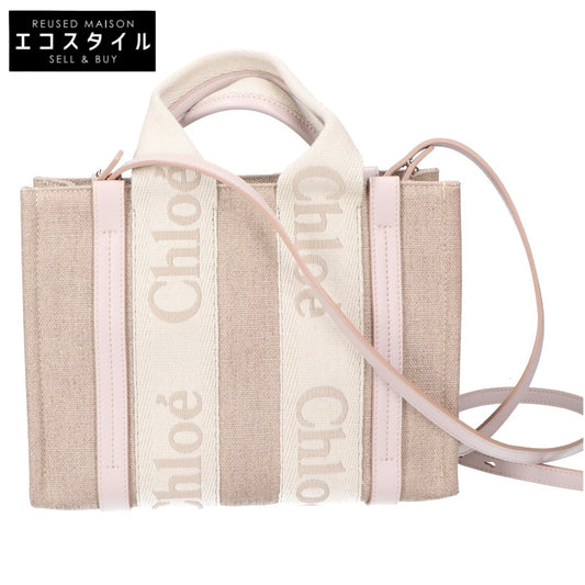Chloe クロエ リネンキャンバスxカーフスキン WOODY ウッディ スモール 2WAYショルダーバッグ トートバッグ