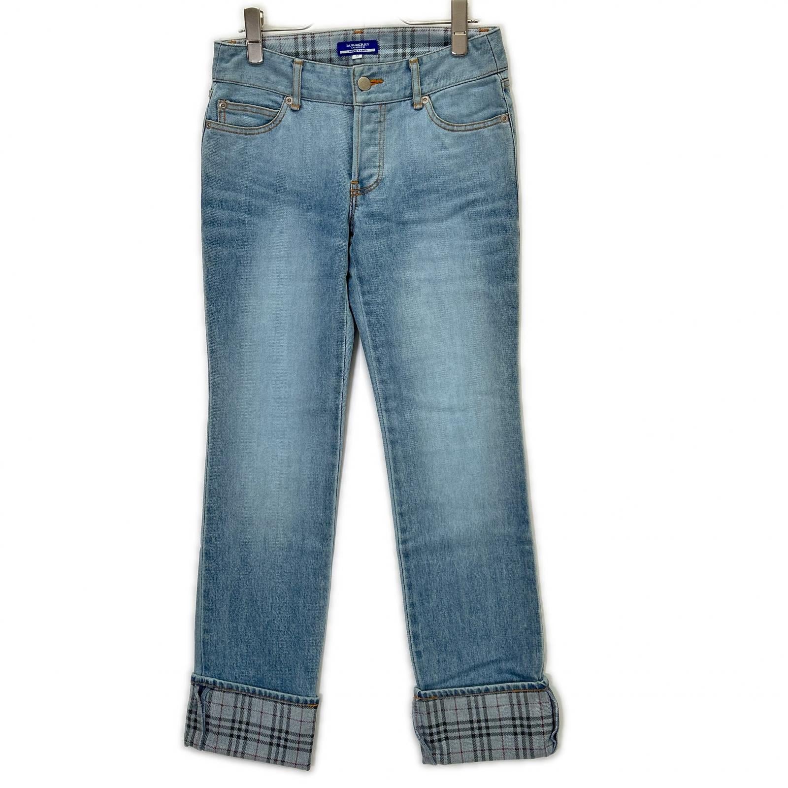 Burberry Blue Label バーバリーブルーレーベル FQ554-125 ライトブルー コットン チェック柄 ロールアップデニムパンツ ボトムス