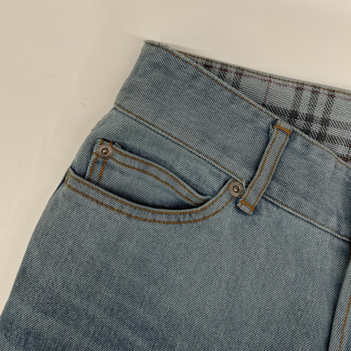 Burberry Blue Label バーバリーブルーレーベル FQ554-125 ライトブルー コットン チェック柄 ロールアップデニムパンツ ボトムス