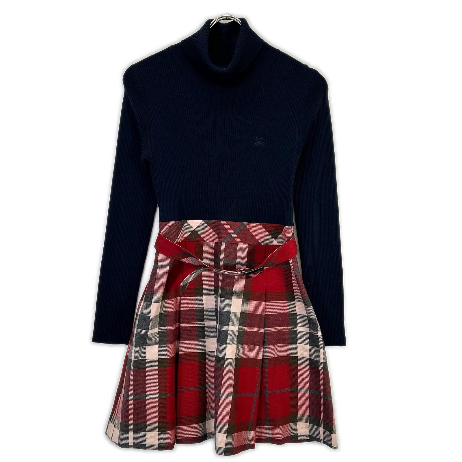 BURBERRY BLUE LABEL バーバリーブルーレーベル E1J63-895-15 ネイビー×レッド ウール チェック柄 リブニットドッキングワンピース ワンピース