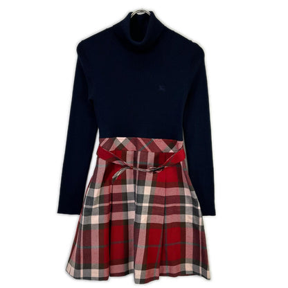 BURBERRY BLUE LABEL バーバリーブルーレーベル E1J63-895-15 ネイビー×レッド ウール チェック柄 リブニットドッキングワンピース ワンピース
