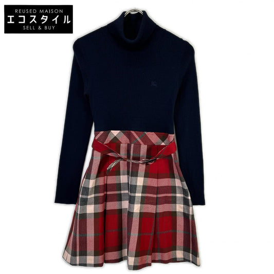 BURBERRY BLUE LABEL バーバリーブルーレーベル E1J63-895-15 ネイビー×レッド ウール チェック柄 リブニットドッキングワンピース ワンピース