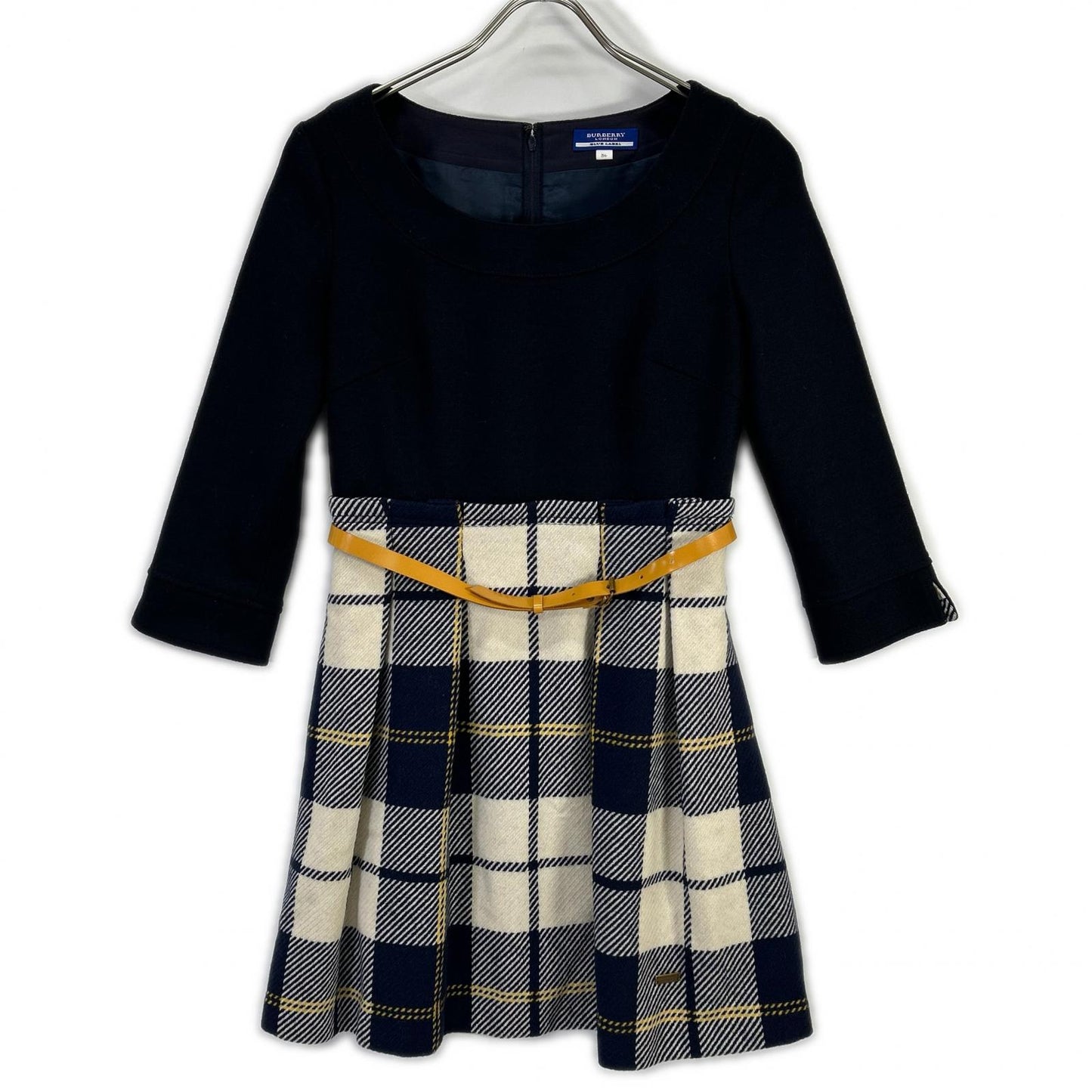 Burberry Blue Label バーバリーブルーレーベル E1J44-516-29 ネイビー×ベージュ ウール チェック柄 ニットドッキングベルテッドワンピース ワンピース