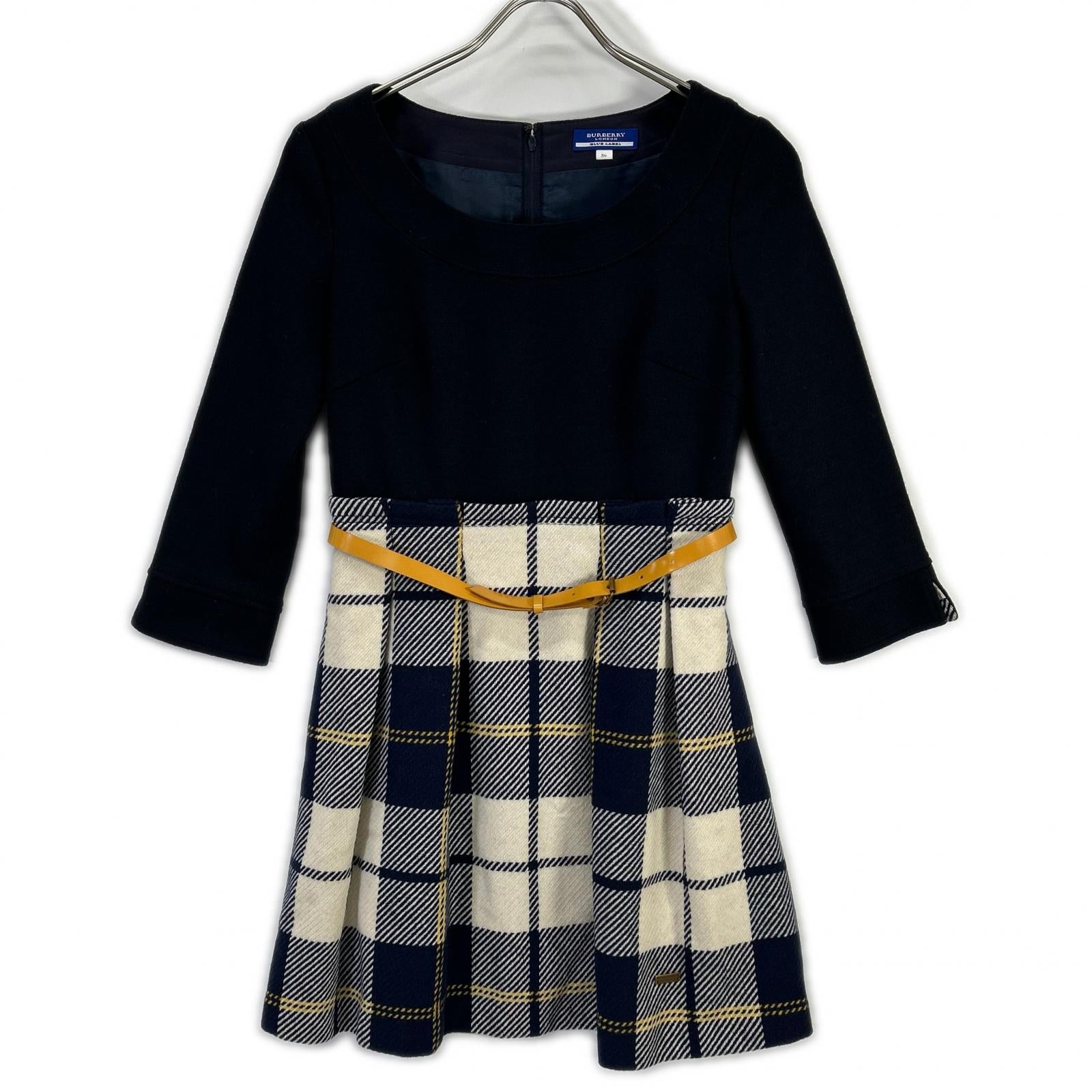 Burberry Blue Label バーバリーブルーレーベル E1J44-516-29 ネイビー×ベージュ ウール チェック柄 ニットドッキングベルテッドワンピース ワンピース