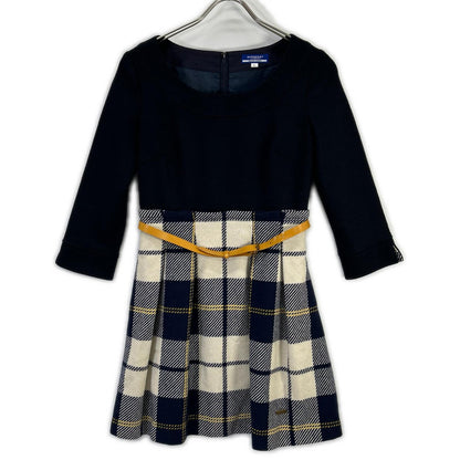 Burberry Blue Label バーバリーブルーレーベル E1J44-516-29 ネイビー×ベージュ ウール チェック柄 ニットドッキングベルテッドワンピース ワンピース