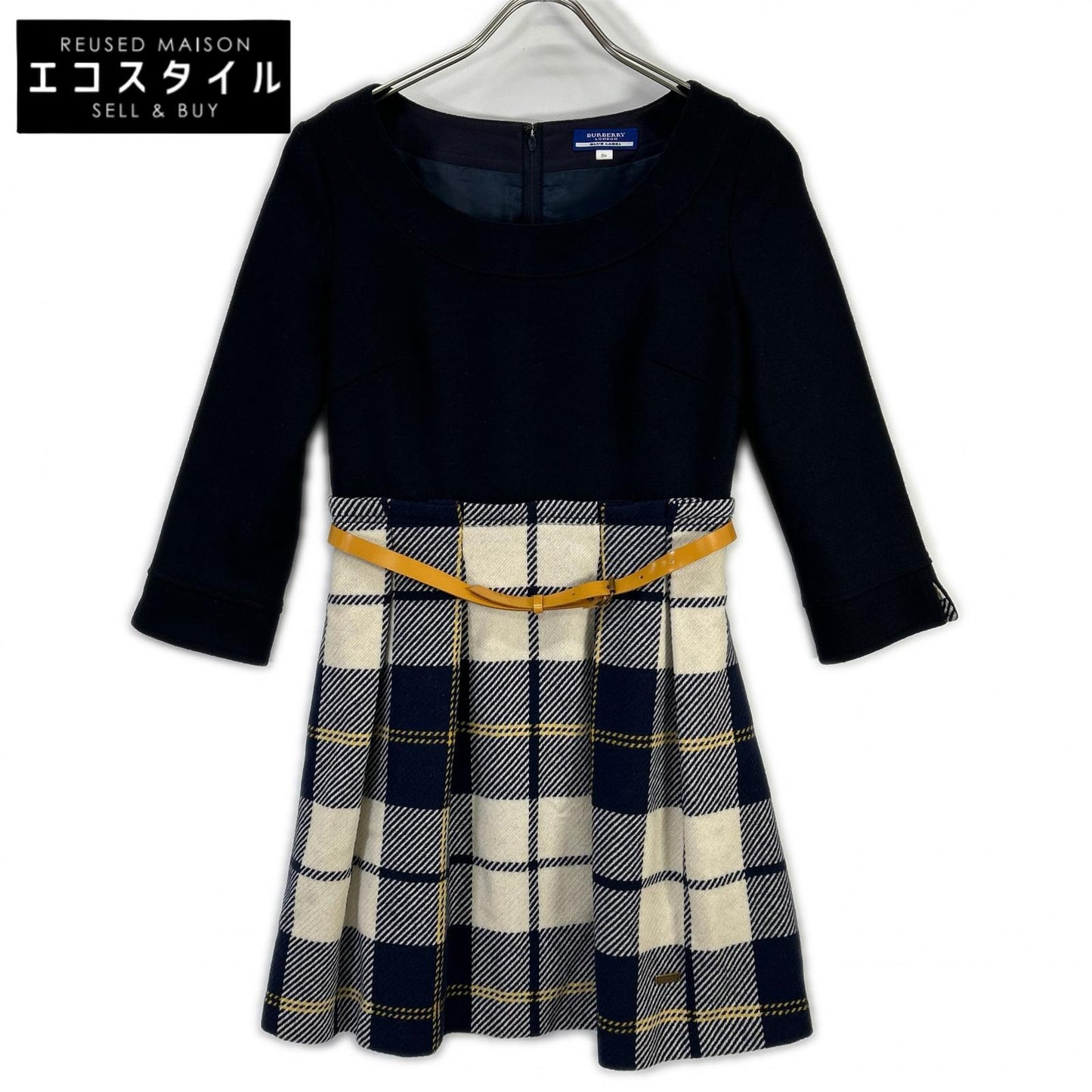 Burberry Blue Label バーバリーブルーレーベル E1J44-516-29 ネイビー×ベージュ ウール チェック柄 ニットドッキングベルテッドワンピース ワンピース