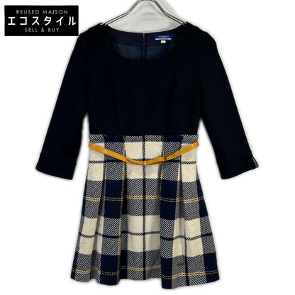 Burberry Blue Label バーバリーブルーレーベル E1J44-516-29 ネイビー×ベージュ ウール チェック柄 ニットドッキングベルテッドワンピース ワンピース