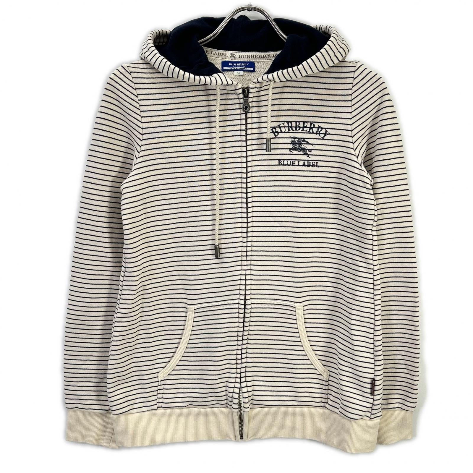 Burberry Blue Label バーバリーブルーレーベル E1P20-168-02 ベージュ×ネイビー コットン混 ロゴプリントボーダージップフーディ ジャケット