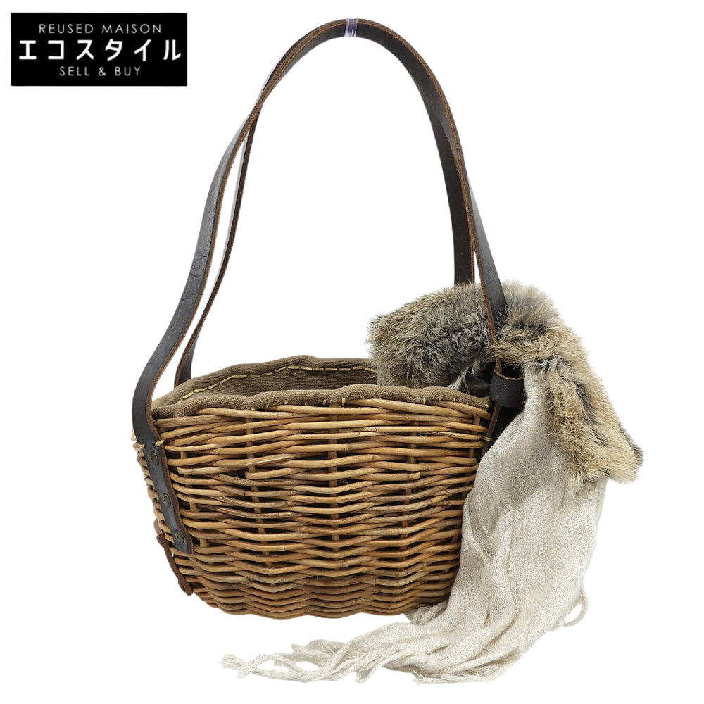 eb.a.gos エバゴス 美品 紅籐×レザー ファー被せ マルシェバッグ ハンドバッグ レディース ベージュ ハンドバッグ
