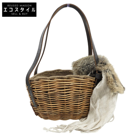 eb.a.gos エバゴス 美品 紅籐×レザー ファー被せ マルシェバッグ ハンドバッグ レディース ベージュ ハンドバッグ