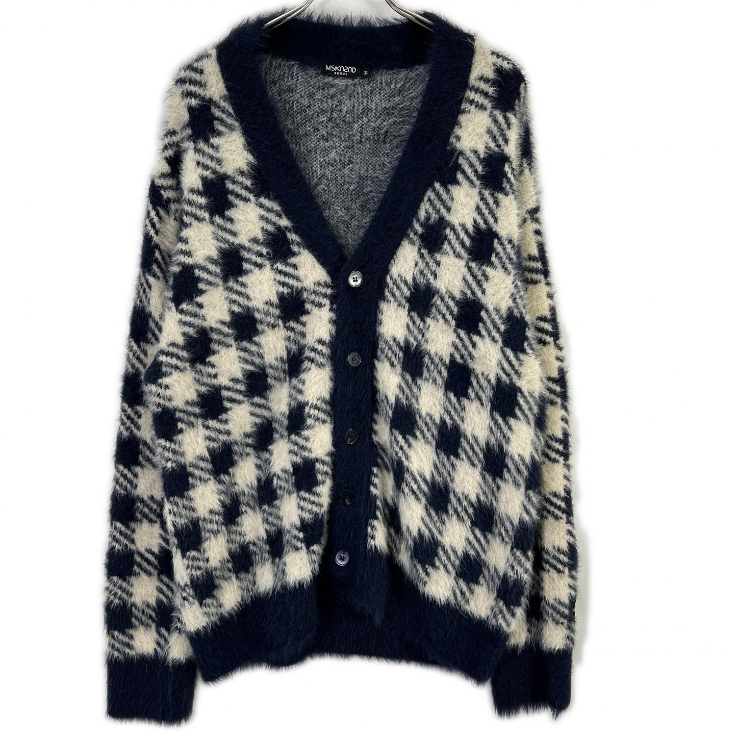 MSKN2ND ムンスクォンセカンド ネイビー×ホワイト ブロックチェック シャギーカーディガン トップス
