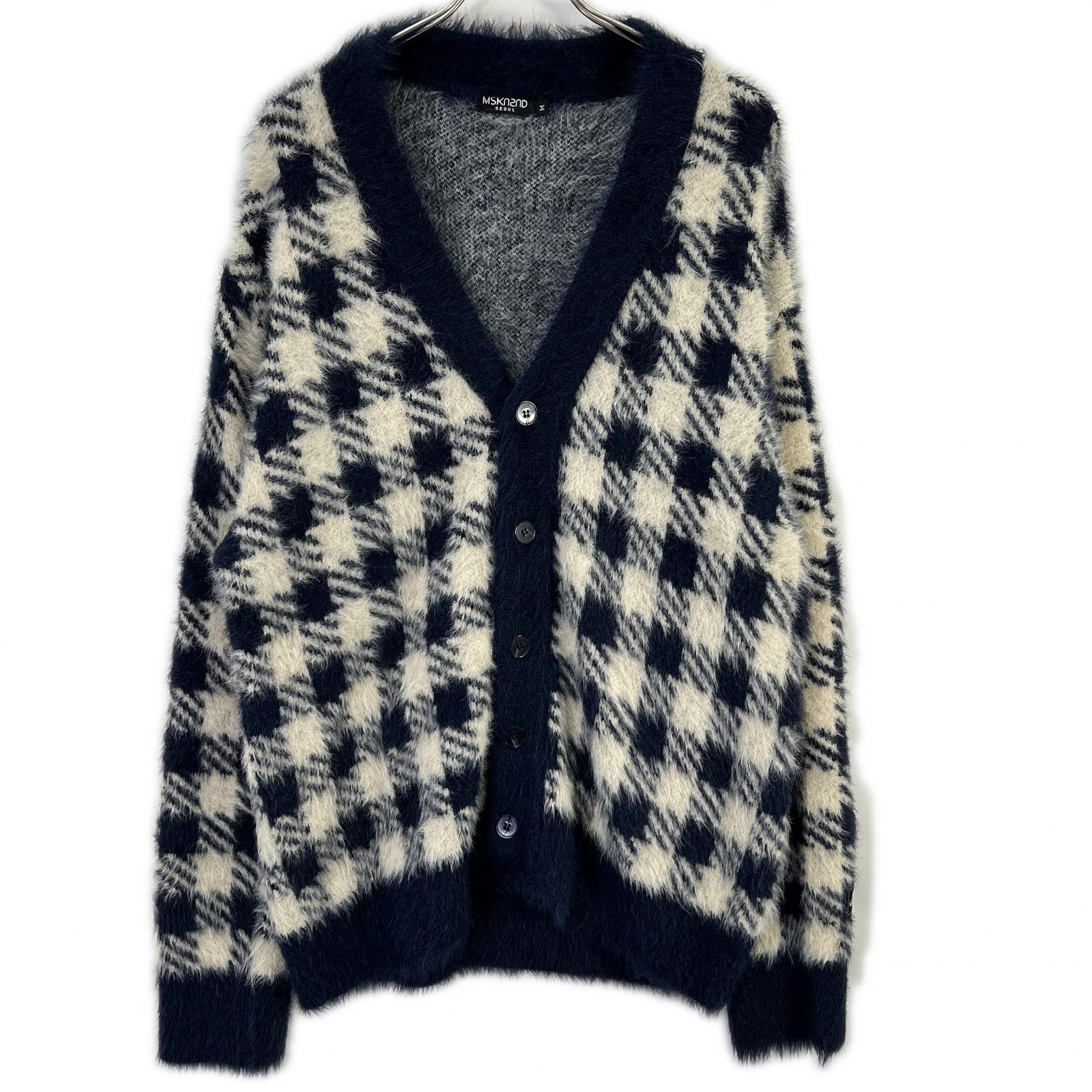 MSKN2ND ムンスクォンセカンド ネイビー×ホワイト ブロックチェック シャギーカーディガン トップス