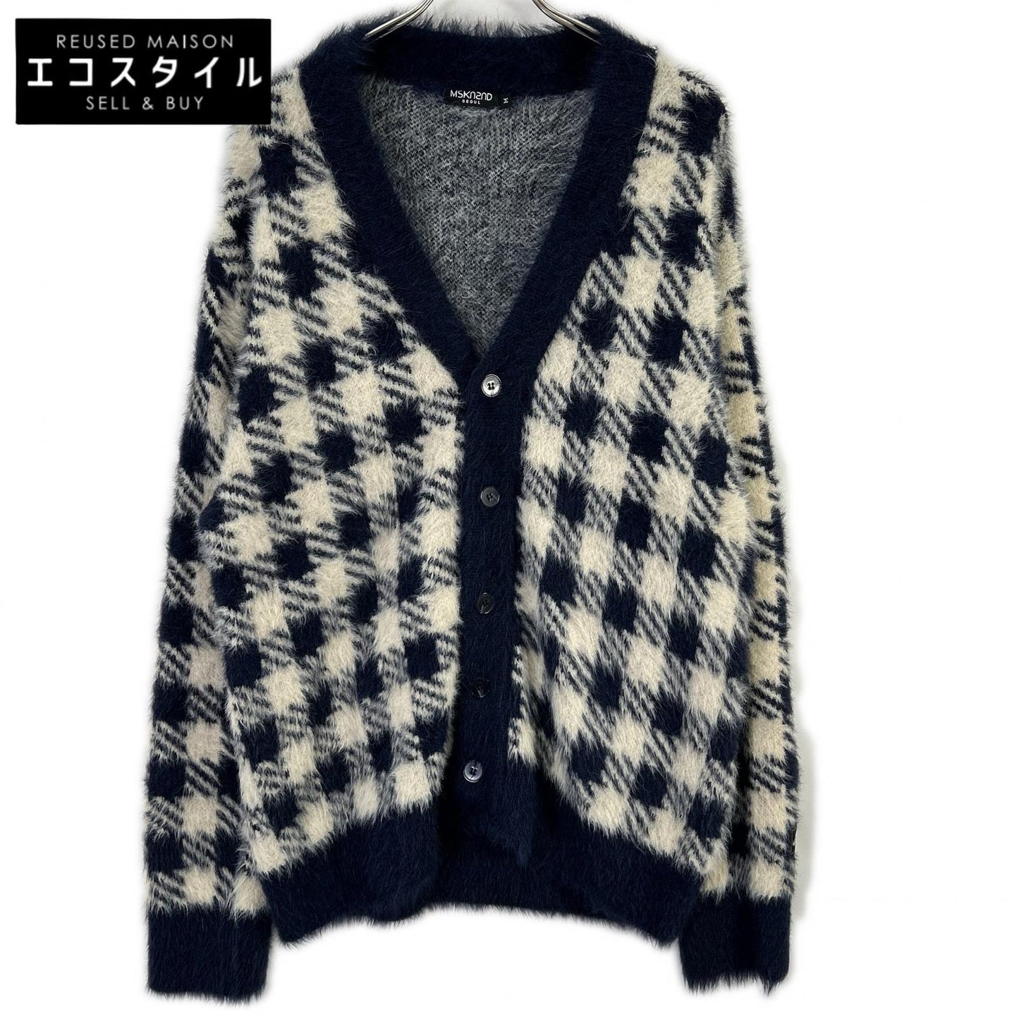 MSKN2ND ムンスクォンセカンド ネイビー×ホワイト ブロックチェック シャギーカーディガン トップス