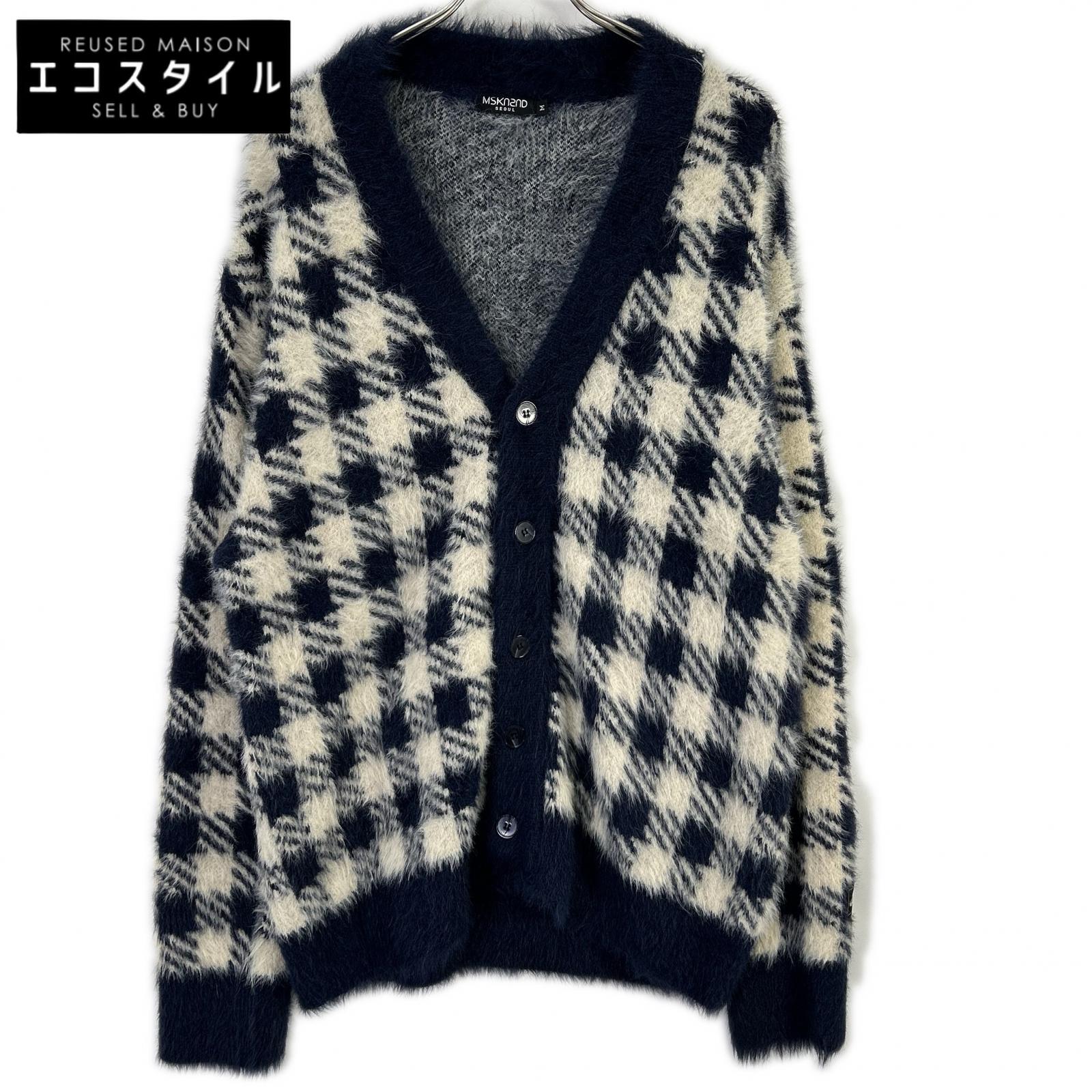 MSKN2ND ムンスクォンセカンド ネイビー×ホワイト ブロックチェック シャギーカーディガン トップス