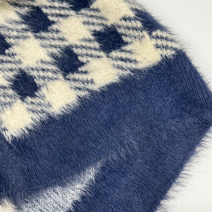 MSKN2ND ムンスクォンセカンド ネイビー×ホワイト ブロックチェック シャギーカーディガン トップス