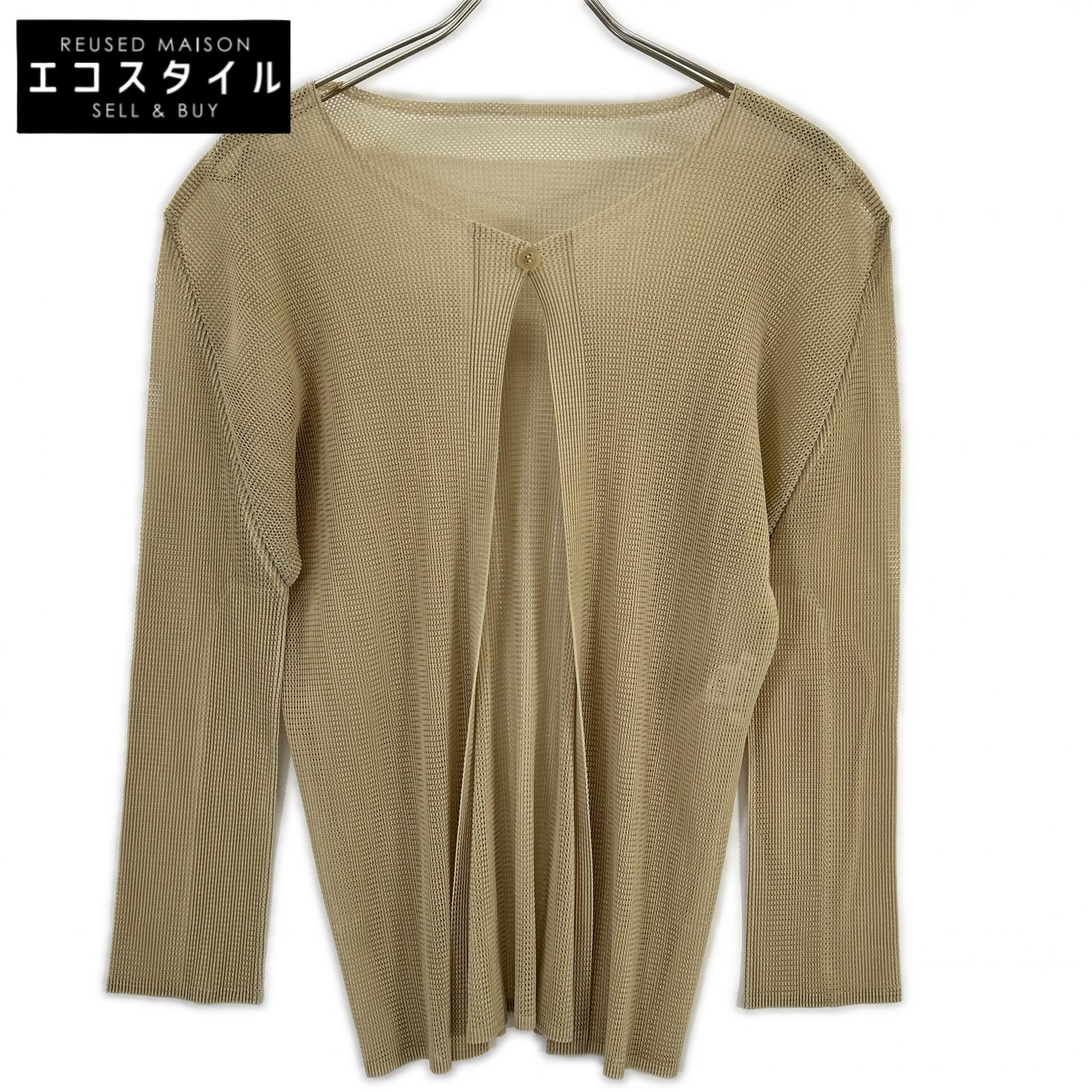 PLEATS PLEASE プリーツプリーズ PP13-F0255 ベージュ メッシュプリーツノーカラーカーディガン トップス