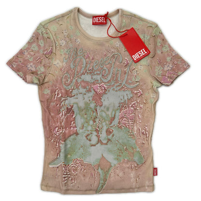 DIESEL ディーゼル 26SS A23538 T-BRIL ピンク リブストレッチジャージー クリスタル×ベルベットタッチ パフプリントTシャツ トップス