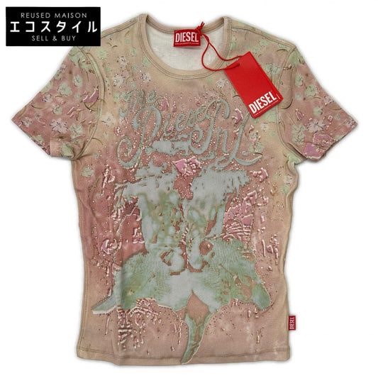 DIESEL ディーゼル 26SS A23538 T-BRIL ピンク リブストレッチジャージー クリスタル×ベルベットタッチ パフプリントTシャツ トップス