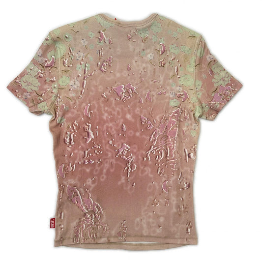 DIESEL ディーゼル 26SS A23538 T-BRIL ピンク リブストレッチジャージー クリスタル×ベルベットタッチ パフプリントTシャツ トップス