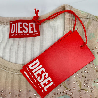 DIESEL ディーゼル 26SS A23538 T-BRIL ピンク リブストレッチジャージー クリスタル×ベルベットタッチ パフプリントTシャツ トップス