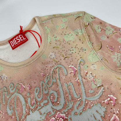 DIESEL ディーゼル 26SS A23538 T-BRIL ピンク リブストレッチジャージー クリスタル×ベルベットタッチ パフプリントTシャツ トップス