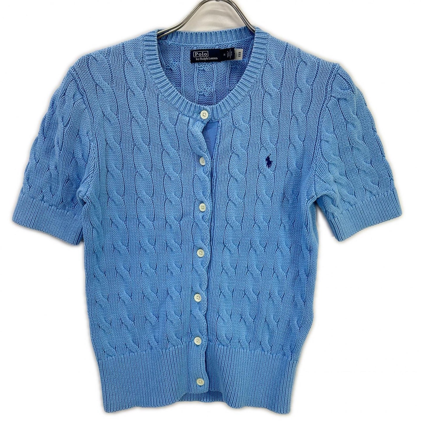 POLO RALPH LAUREN ポロ ラルフローレン 0200012627 ライトブルー コットン ポニー刺繍 ショートスリーブケーブルニットカーディガン トップス