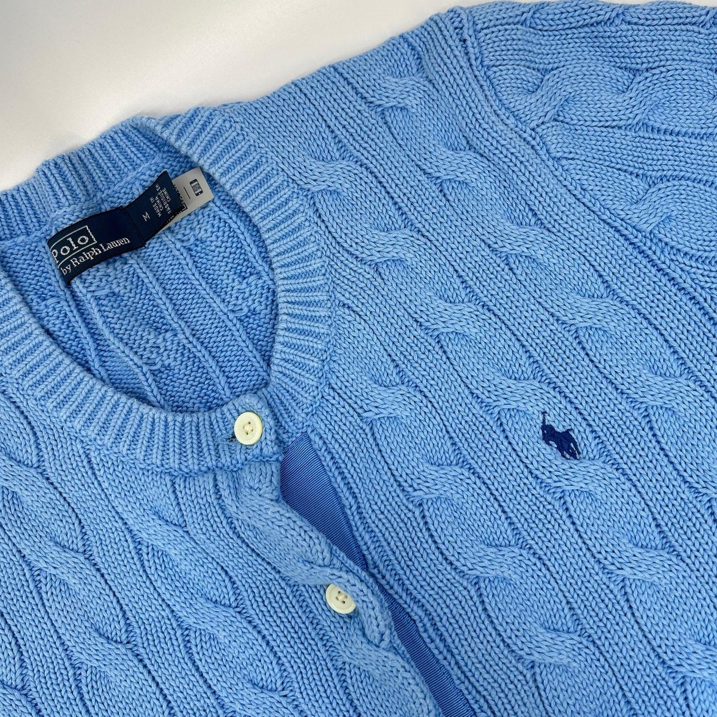 POLO RALPH LAUREN ポロ ラルフローレン 0200012627 ライトブルー コットン ポニー刺繍 ショートスリーブケーブルニットカーディガン トップス