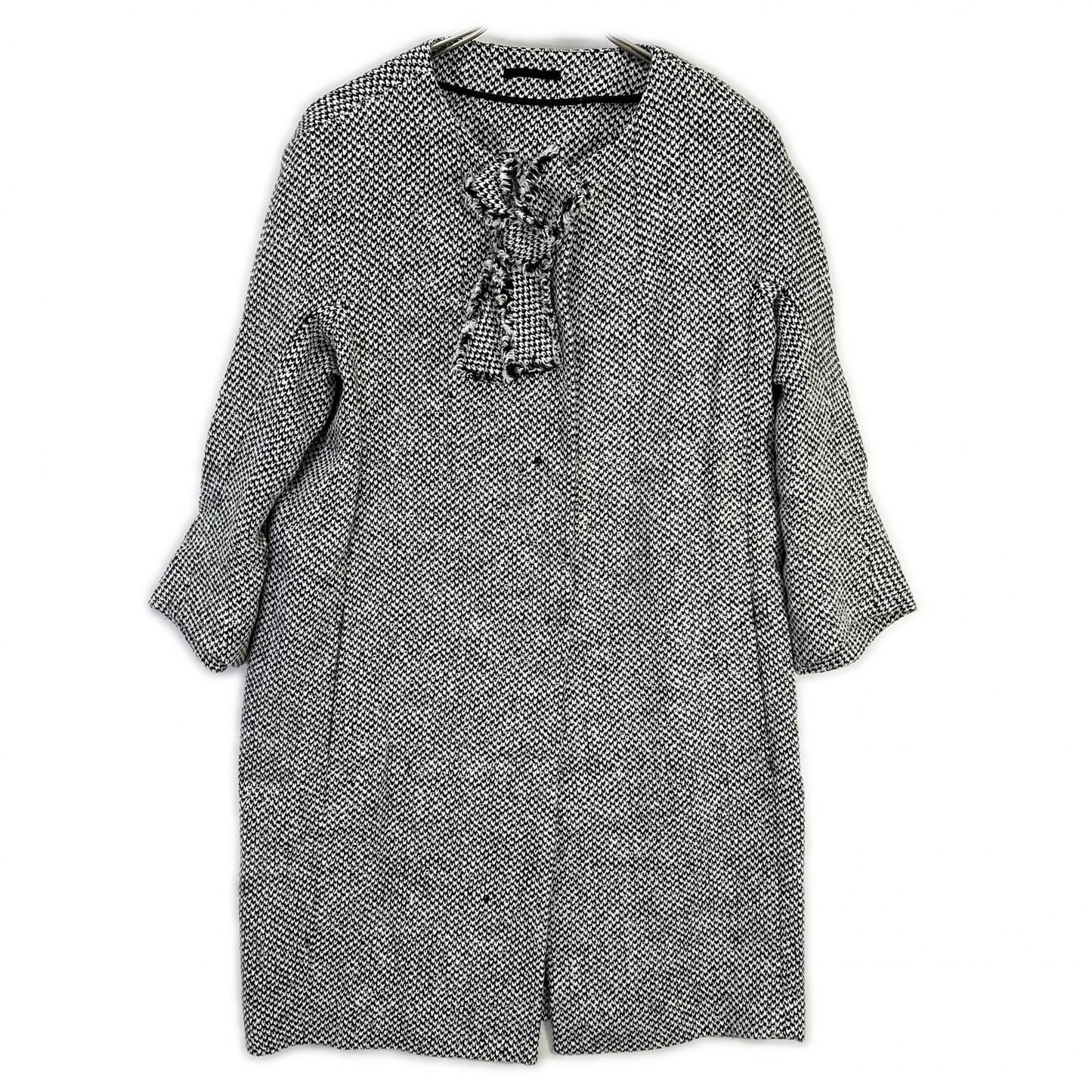 ERMANNO SCERVINO エルマノシェルビーノ D286D340DEQ ホワイト×ブラック リネン混 フロントリボン ツイードミディアムコート コート