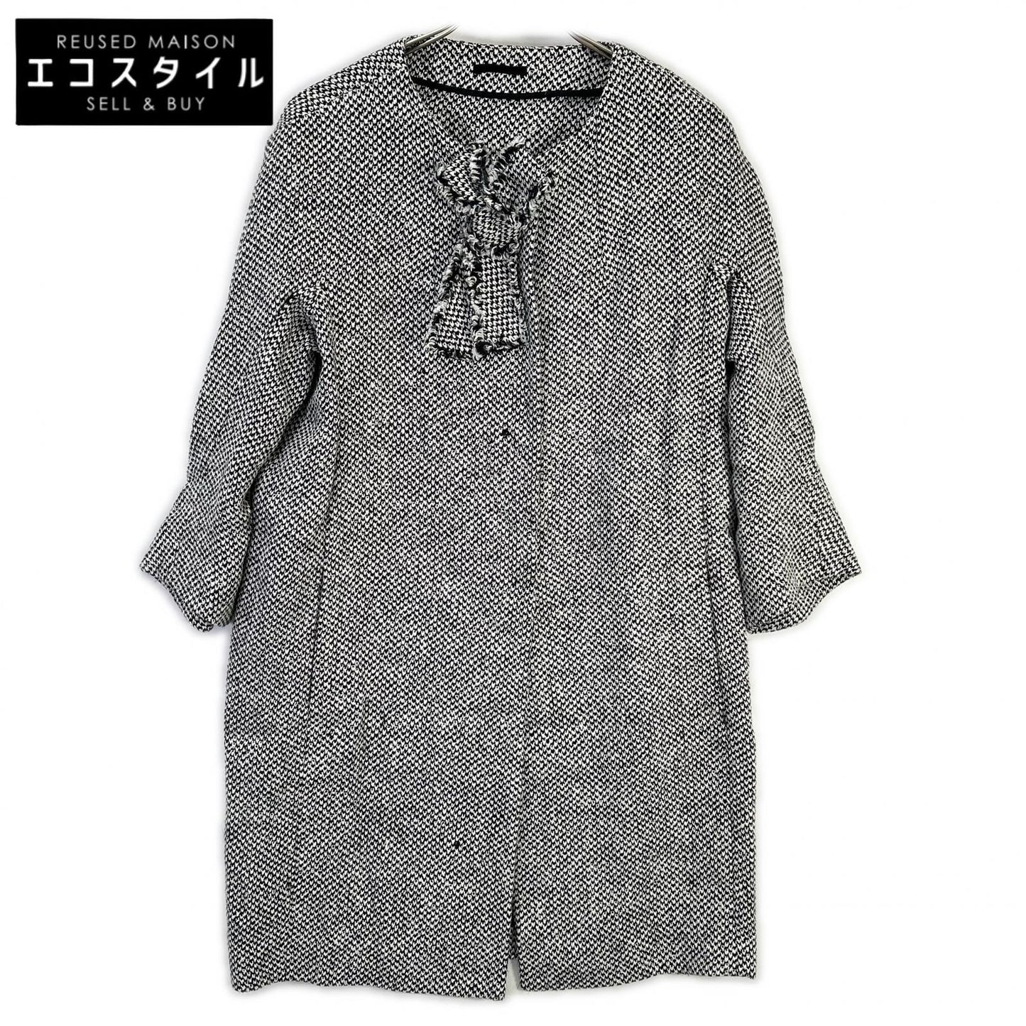 ERMANNO SCERVINO エルマノシェルビーノ D286D340DEQ ホワイト×ブラック リネン混 フロントリボン ツイードミディアムコート コート