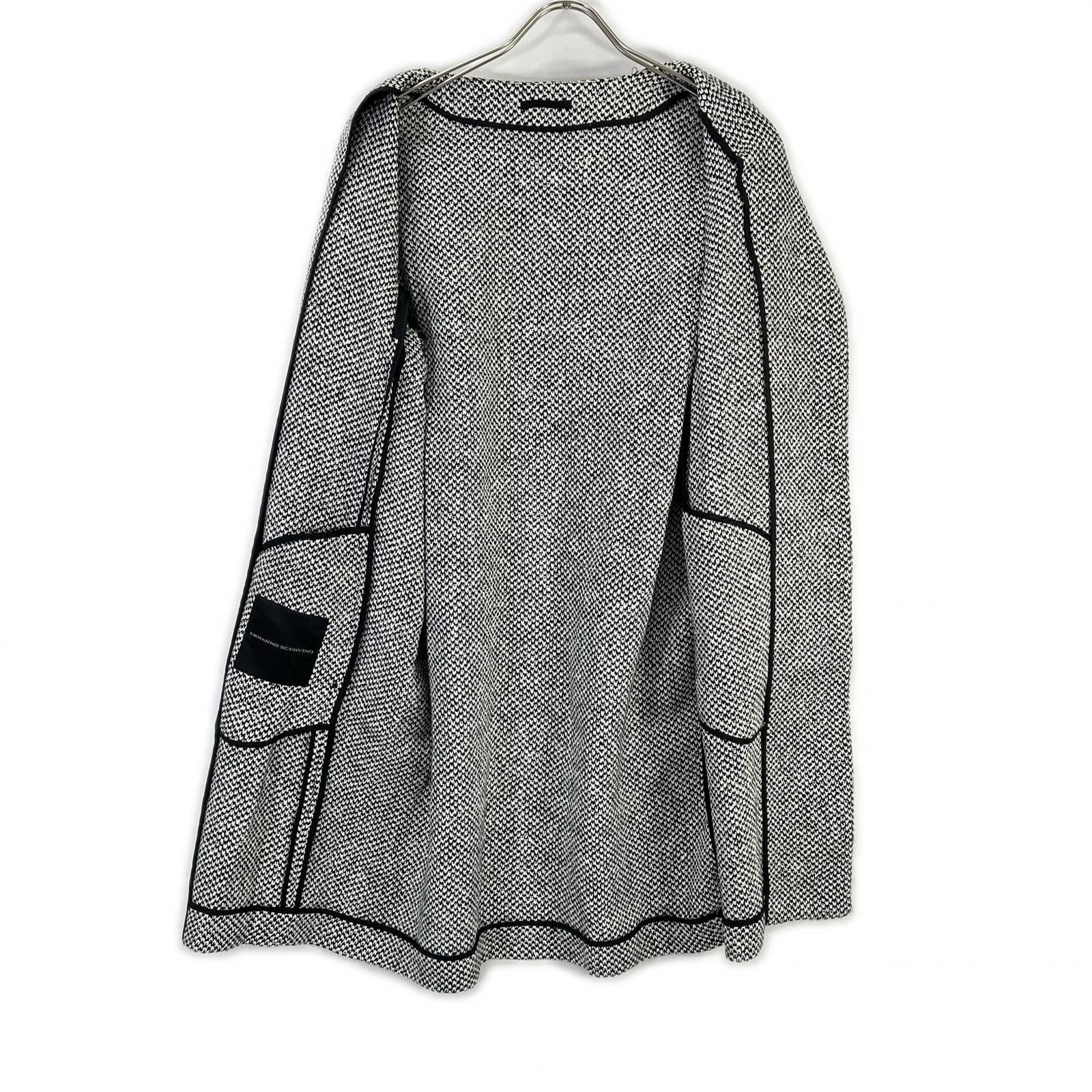 ERMANNO SCERVINO エルマノシェルビーノ D286D340DEQ ホワイト×ブラック リネン混 フロントリボン ツイードミディアムコート コート