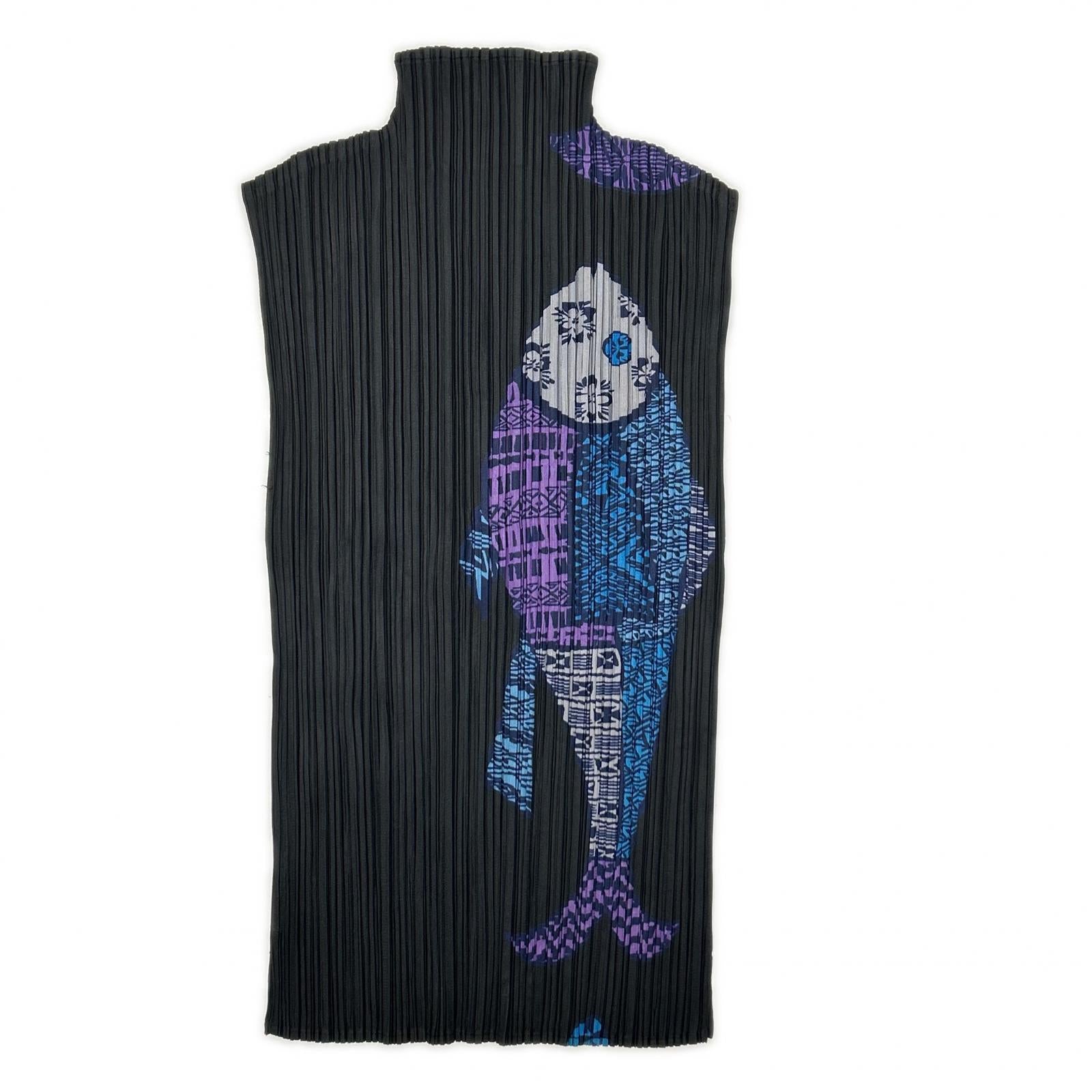PLEATS PLEASE プリーツプリーズ PP33-JK632 ブラック 魚 フィッシュプリントモックネックノースリーブトップス トップス