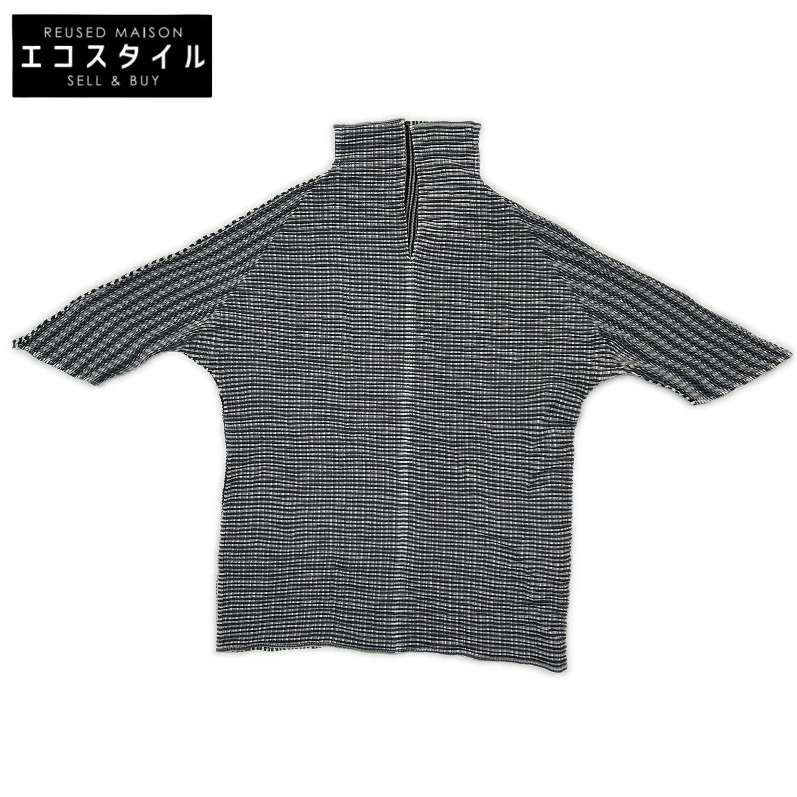 PLEATS PLEASE プリーツプリーズ PP16-FJ211 ブラック ストライプ切替モックネックショートスリーブカットソー トップス