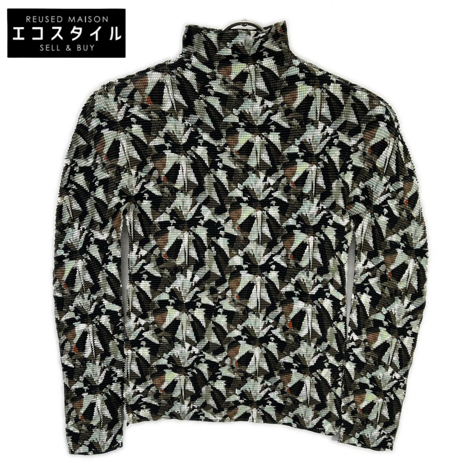 MeISSEYMIYAKE Me Issey Miyake MI43-FJ611 Multicolor All-Over-Pattern Mock-Neck Long-Sleeve Cut-and-Sew Top Tops