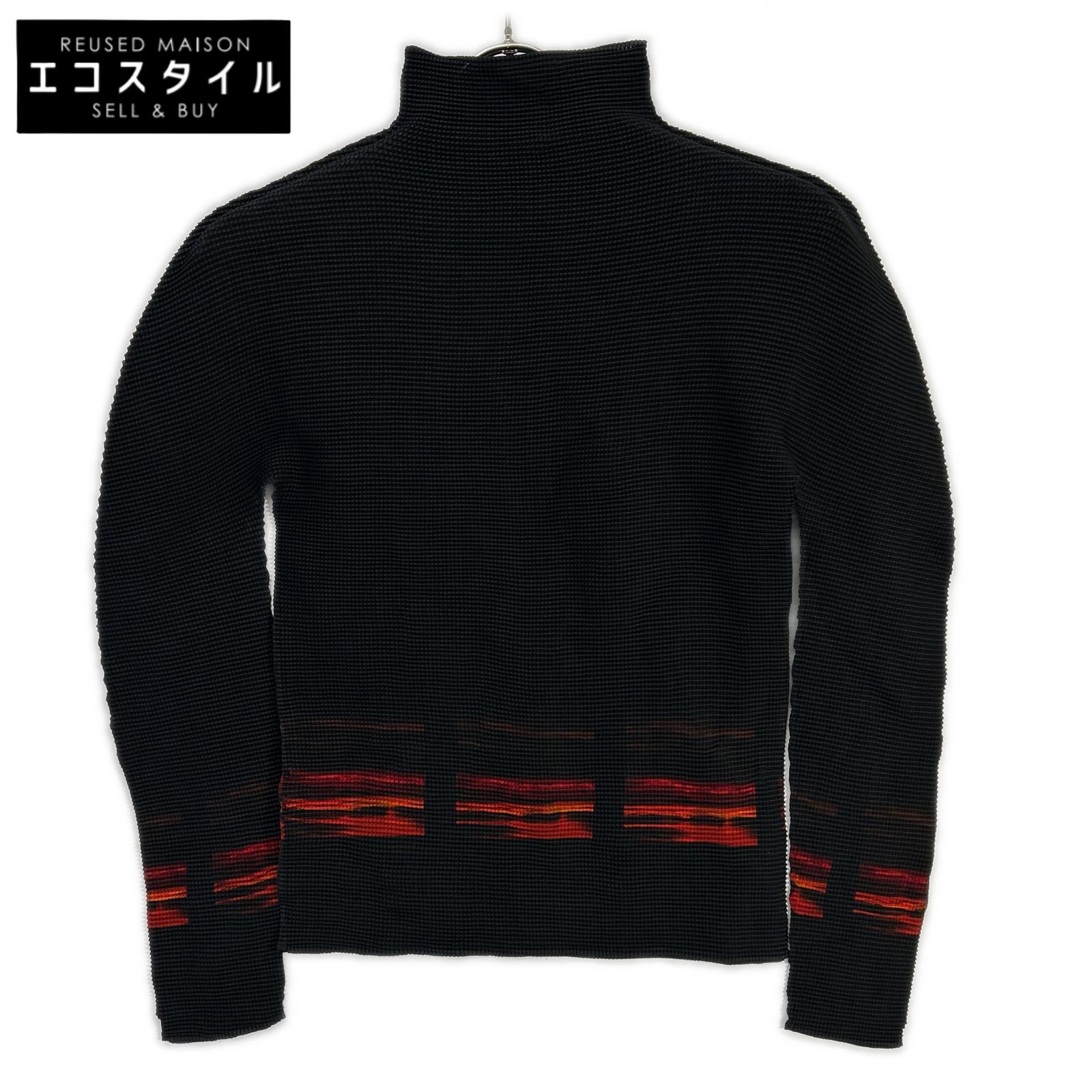 MeISSEYMIYAKE ミーイッセイミヤケ MI33-FJ421 ブラック×レッド モックネック長袖カットソー トップス