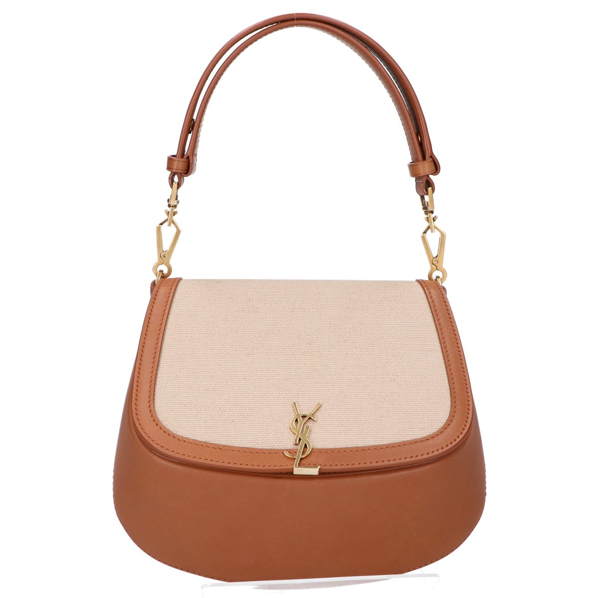 SAINT LAURENT PARIS サンローランパリ 818896 ベージュ×ブラウン キャンバス/カーフ メタルカサンドラロゴ トップハンドルバッグ ハンドバッグ