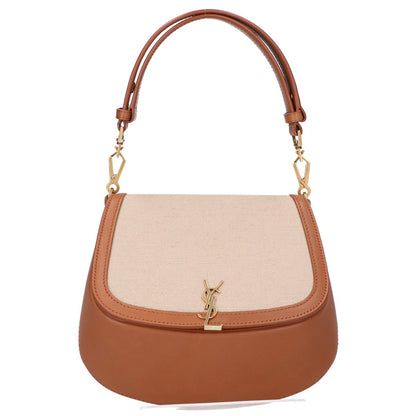 SAINT LAURENT PARIS サンローランパリ 818896 ベージュ×ブラウン キャンバス/カーフ メタルカサンドラロゴ トップハンドルバッグ ハンドバッグ