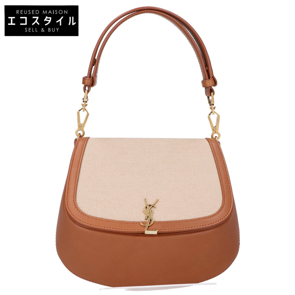 SAINT LAURENT PARIS サンローランパリ 818896 ベージュ×ブラウン キャンバス/カーフ メタルカサンドラロゴ トップハンドルバッグ ハンドバッグ