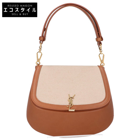 SAINT LAURENT PARIS サンローランパリ 818896 ベージュ×ブラウン キャンバス/カーフ メタルカサンドラロゴ トップハンドルバッグ ハンドバッグ