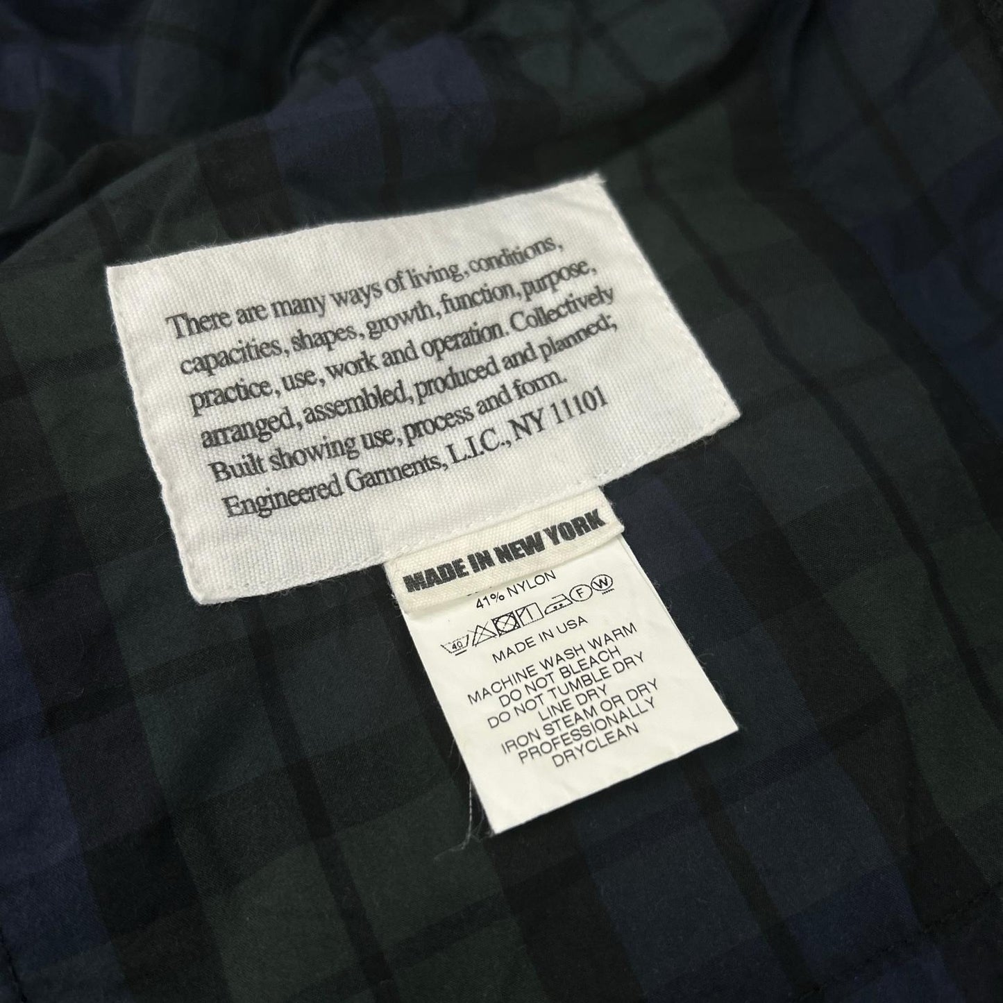 Engineered Garments navy-and-green black watch-pattern cotton-nylon BDU jacket