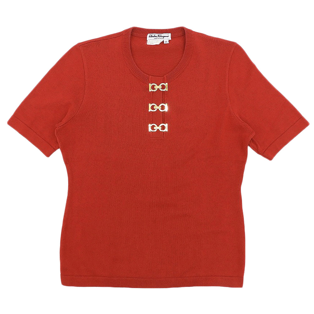 Salvatore Ferragamo サルヴァトーレフェラガモ コットン100 ガンチーニ金具 半袖プルオーバーニット トップス レディース レッド M トップス