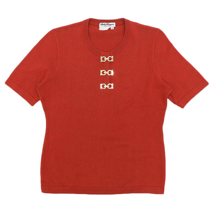 Salvatore Ferragamo サルヴァトーレフェラガモ コットン100 ガンチーニ金具 半袖プルオーバーニット トップス レディース レッド M トップス