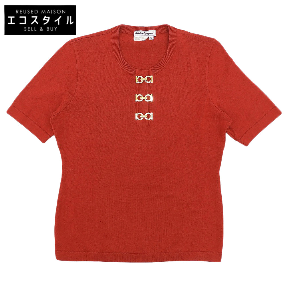 Salvatore Ferragamo サルヴァトーレフェラガモ コットン100 ガンチーニ金具 半袖プルオーバーニット トップス レディース レッド M トップス