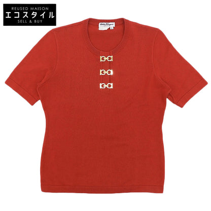 Salvatore Ferragamo サルヴァトーレフェラガモ コットン100 ガンチーニ金具 半袖プルオーバーニット トップス レディース レッド M トップス