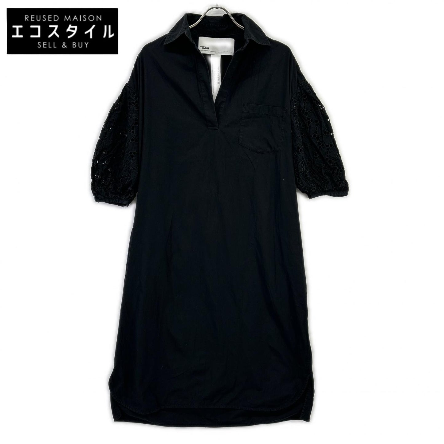 TICCA ティッカ TAHS-317-02 ブラック コットン レースパフスリーブワンピース ワンピース