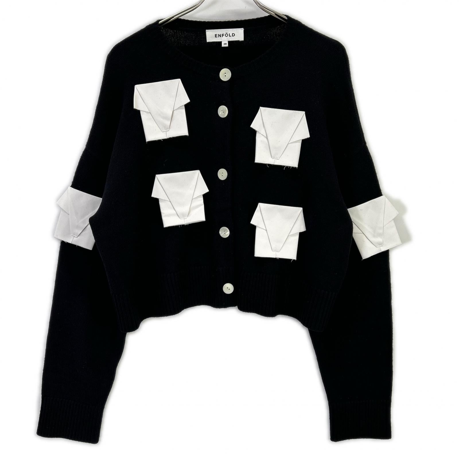 ENFOLD エンフォルド 25SS 300IS170-0771 ブラック×ホワイト ウール クロップド ELEPHANT KNIT CARDIGAN トップス