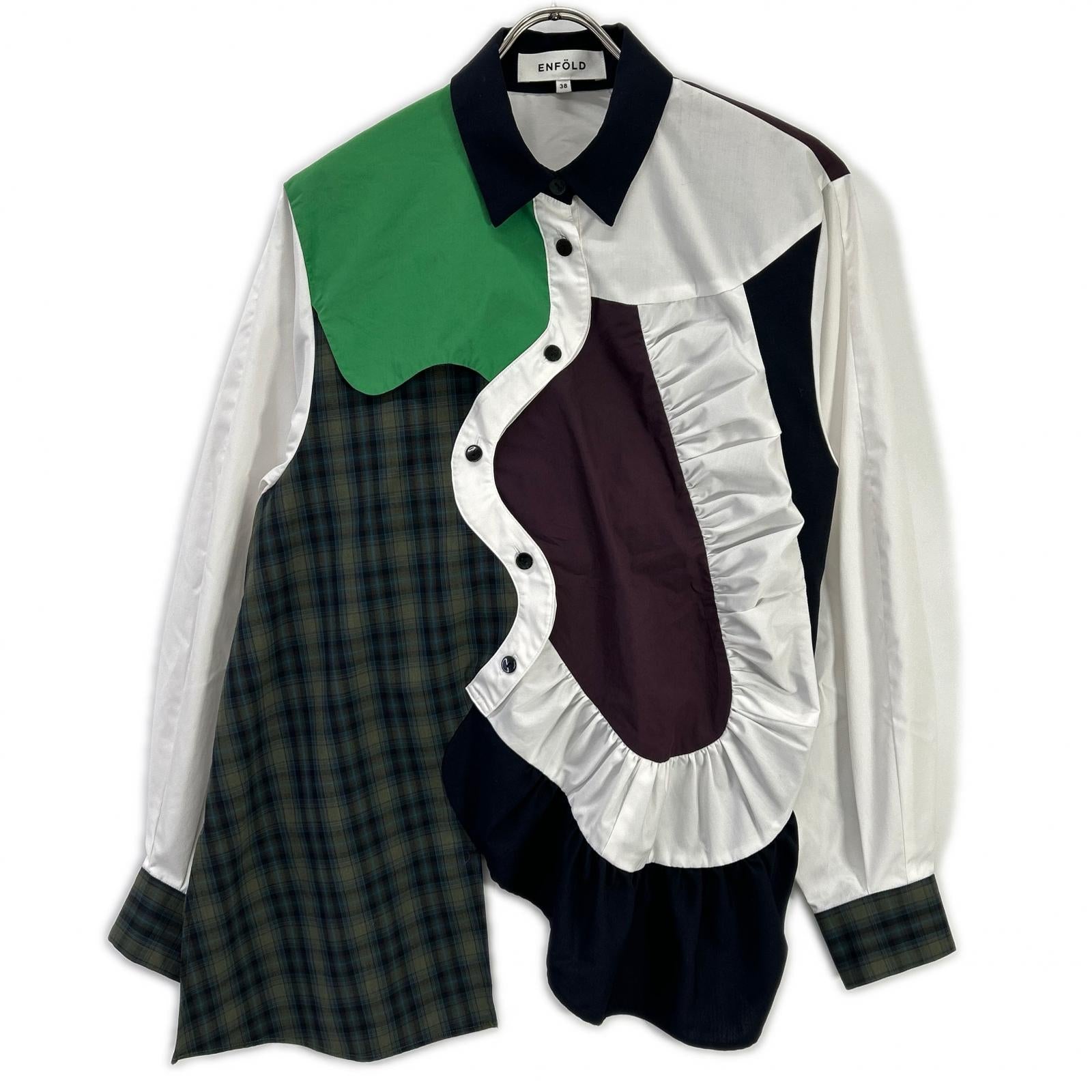 ENFOLD エンフォルド 24AW 300HA730-1630 ホワイト コットン混 チェックミックス ドッキングロングスリーブデザインシャツ トップス