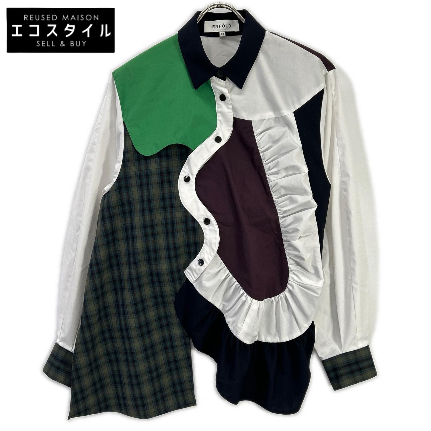 ENFOLD エンフォルド 24AW 300HA730-1630 ホワイト コットン混 チェックミックス ドッキングロングスリーブデザインシャツ トップス