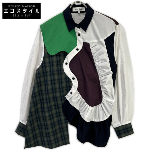 ENFOLD エンフォルド 24AW 300HA730-1630 ホワイト コットン混 チェックミックス ドッキングロングスリーブデザインシャツ トップス