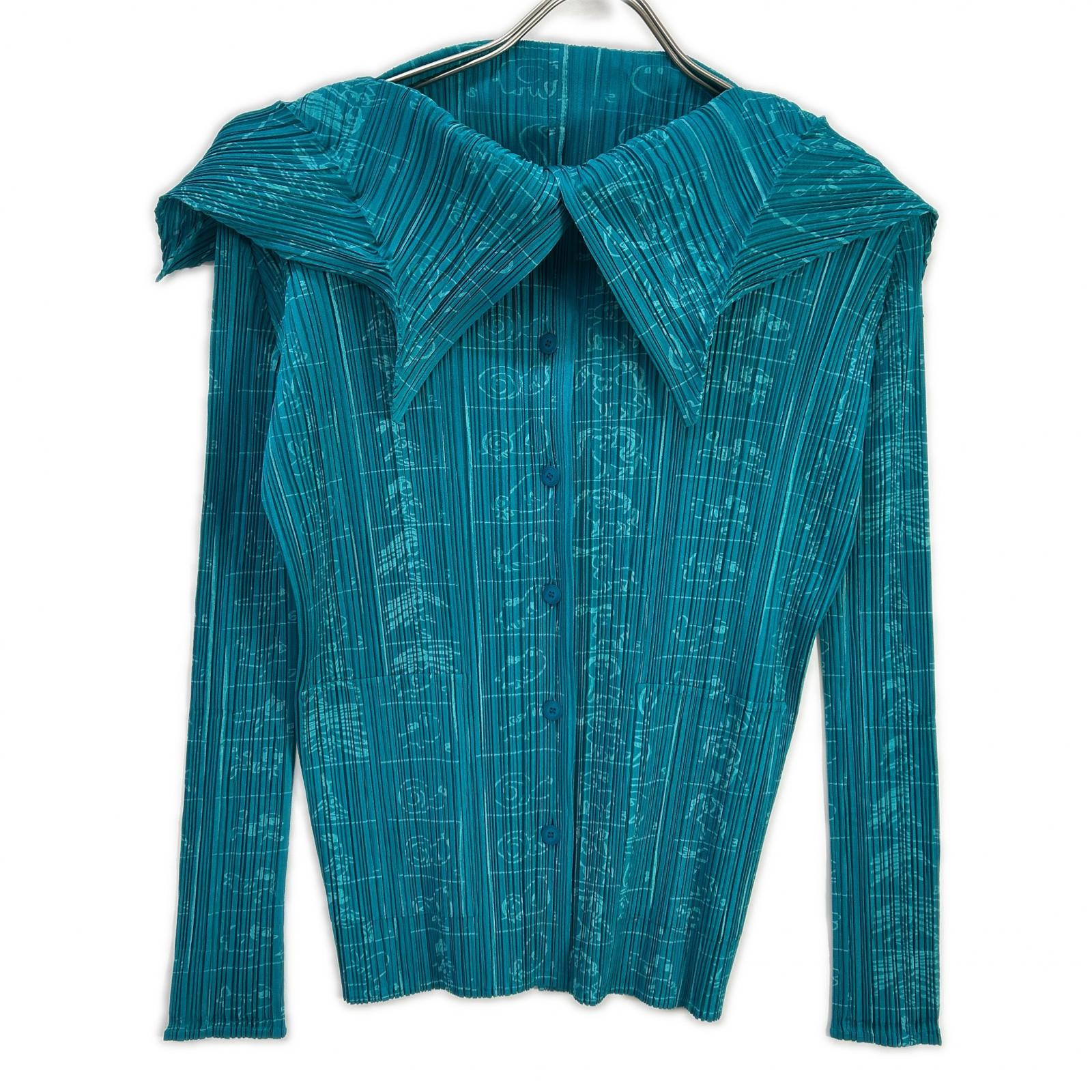 PLEATS PLEASE PP71-JJ712 Light Blue Comic-Illustration Design Collared Shirt Blouse Top